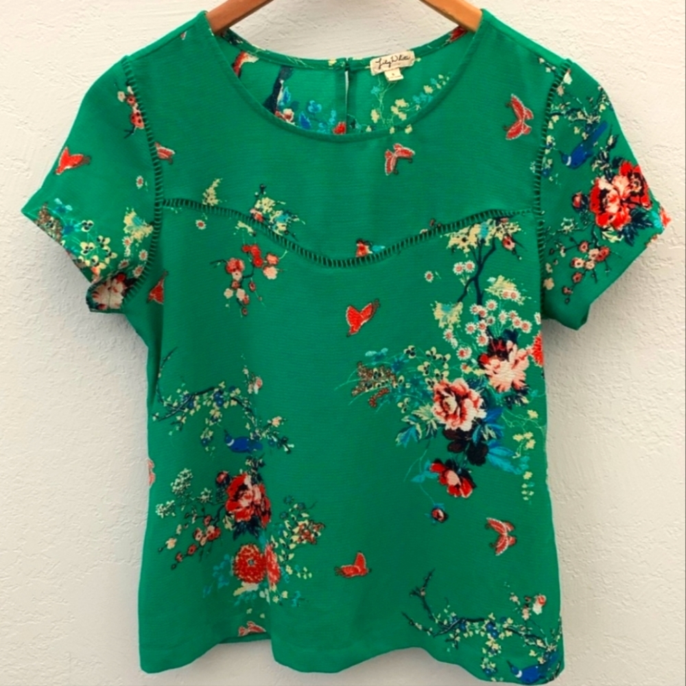 Lily White green floral chinoiserie blouse L